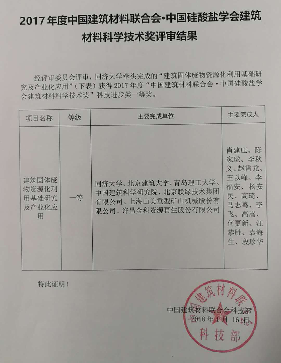 热烈庆祝918博天堂股份参与完成的 “建筑固体废弃物资源化利用基础研究及产业化应用”项目获科技进步类一等奖